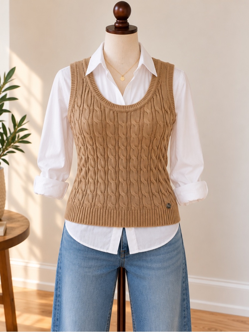 NWOT Tommy Hilfiger Tan Cable Knit Sweater Tank M Preppy Old Money Coastal